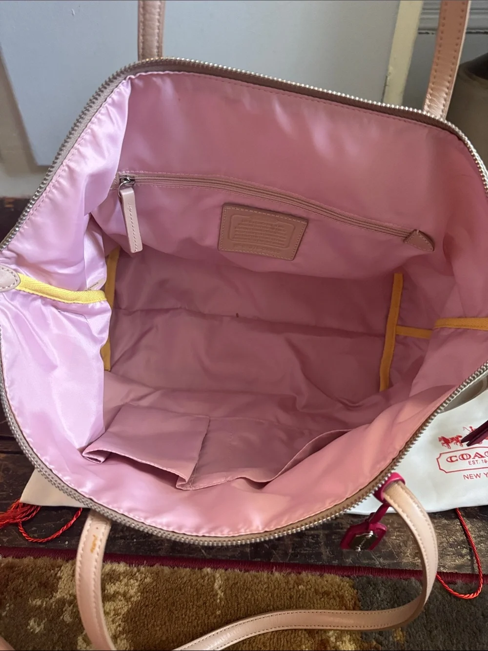 Coach Satin Signature Tote in Gold with Pink Trim and Tag